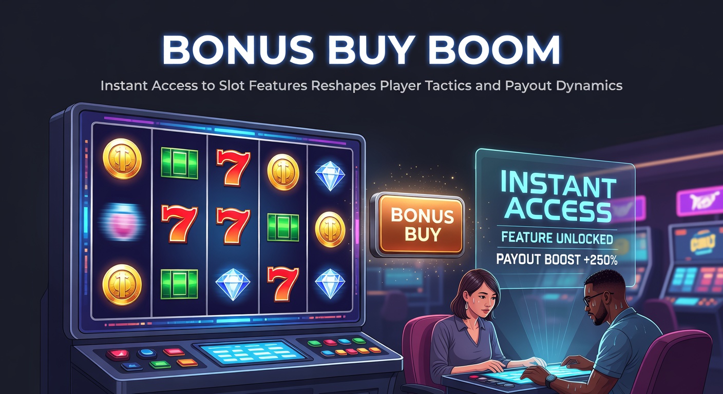 Vibrant slot machine screen displaying a bonus buy option with glowing buttons and cascading symbols, highlighting instant access to free spins and multipliers