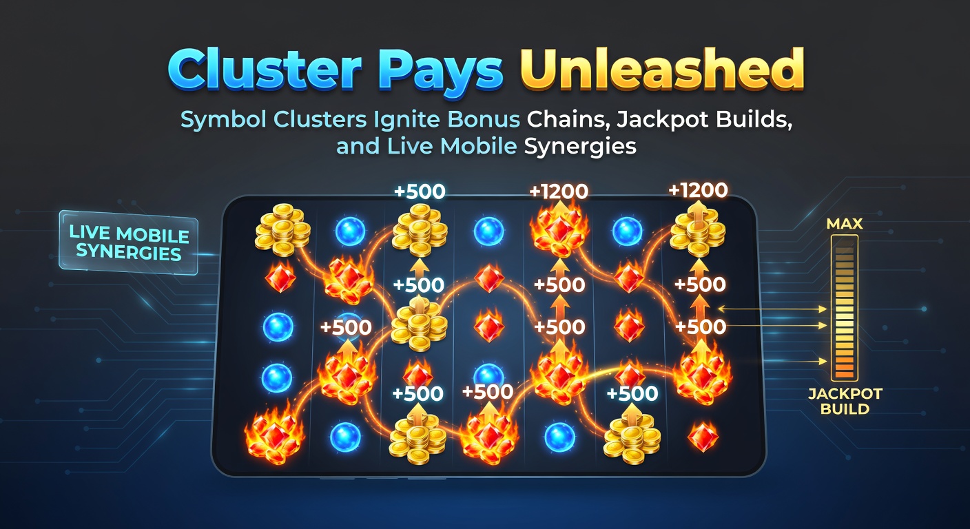Vibrant slot screen showing colorful symbol clusters forming wins and igniting bonus chains amid jackpot meters building rapidly
