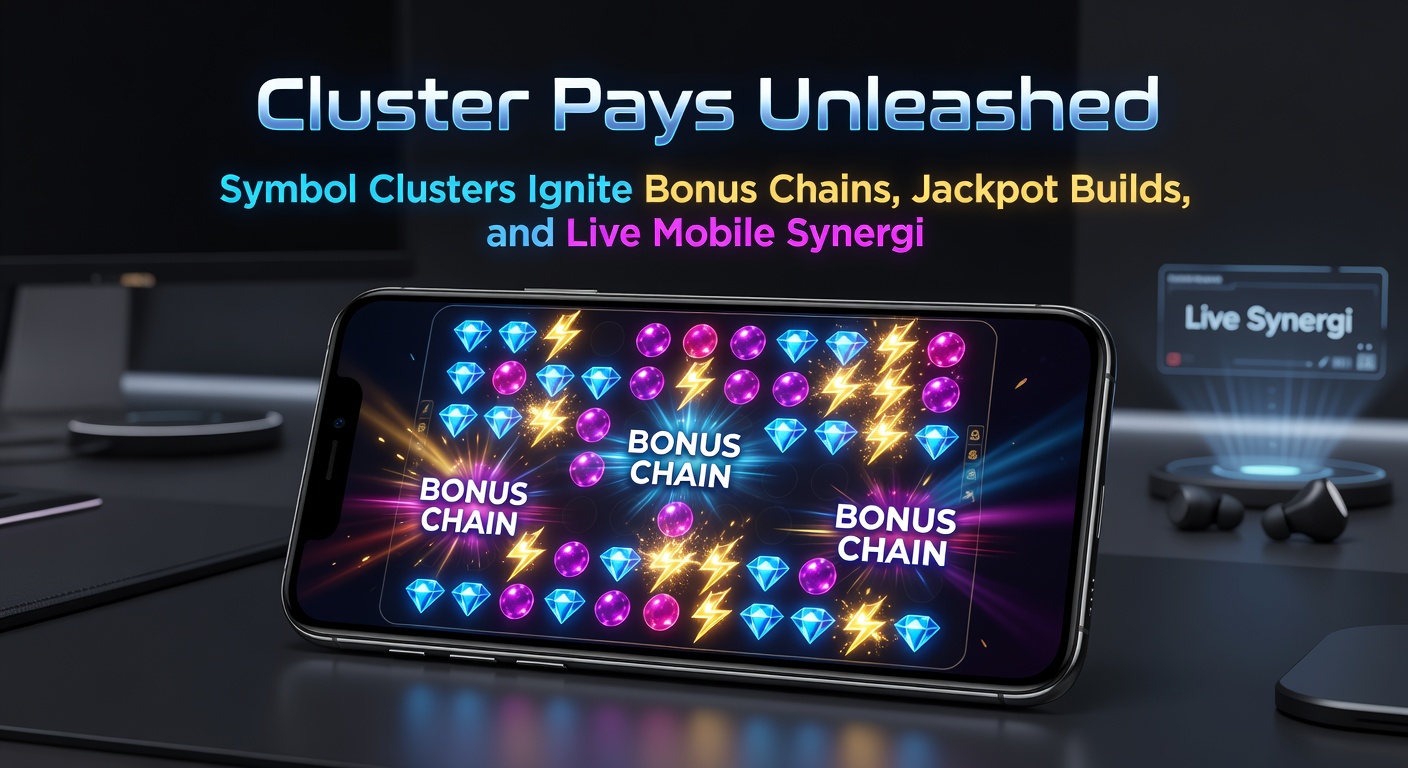 Dynamic close-up of cascading symbols in a cluster pays slot, with bonus meters filling and jackpot tiers lighting up on a mobile screen