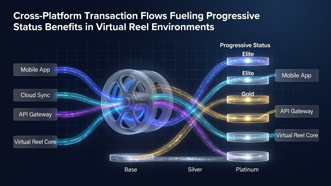 Cross-platform transaction flows connecting mobile, desktop, and tablet interfaces in virtual reel environments