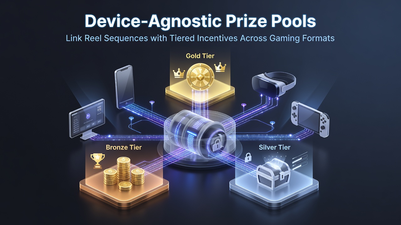 Illustration of tiered incentive ladders connecting mobile, desktop, and console gaming sessions through shared prize pools