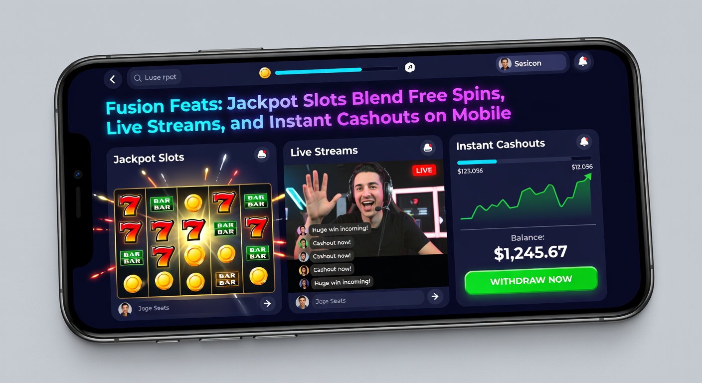 Dynamic close-up of live stream interface on mobile, featuring jackpot ticker, free spin counter, and cashout confirmation popping up amid colorful reels