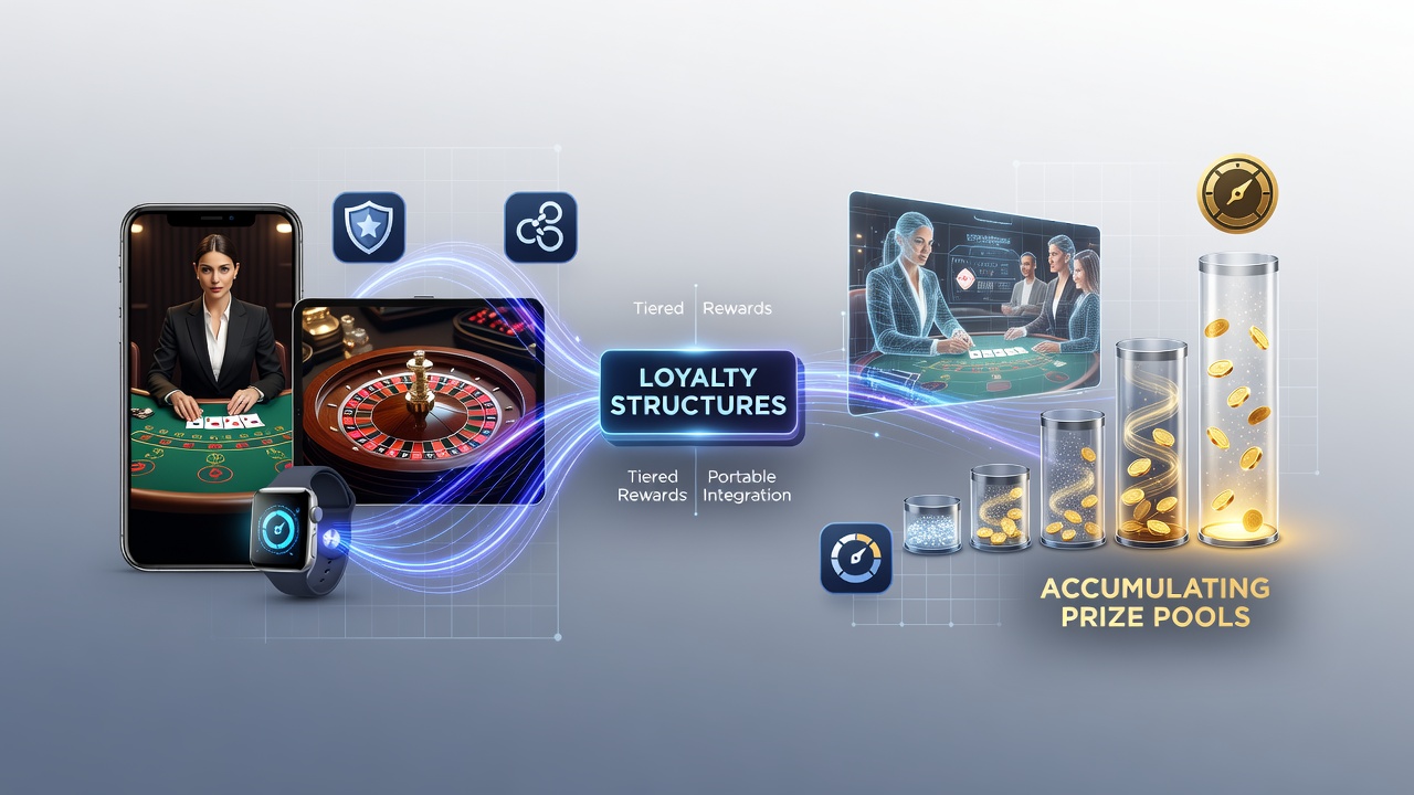 Mobile device displaying integrated loyalty interface linking live dealer tables to growing prize pool displays