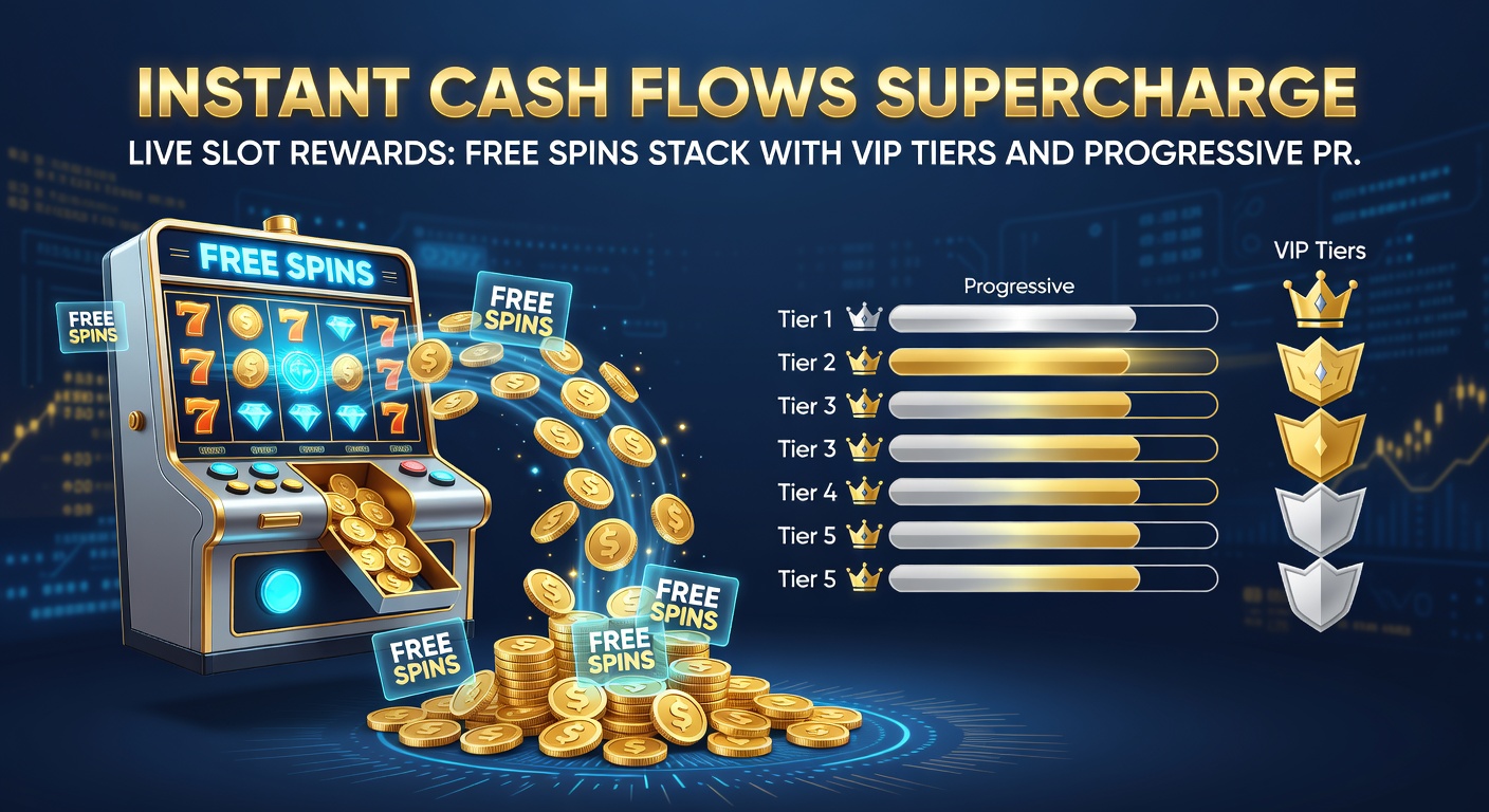 Vibrant screenshot of a VIP tier dashboard in a live slot game, showing stacked free spins, instant cash icons, and climbing progressive meters