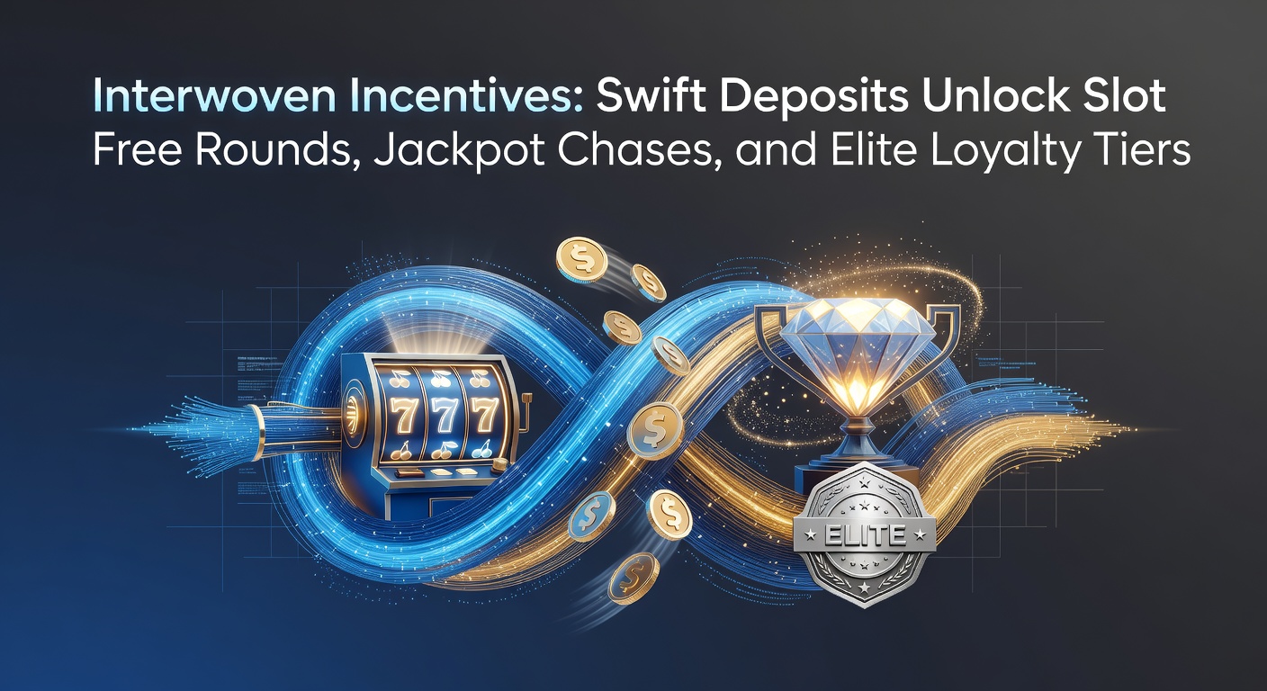 Dynamic illustration of swift deposit flows connecting to exploding slot free spins, jackpot meters, and ascending VIP loyalty ladders in a vibrant online casino interface
