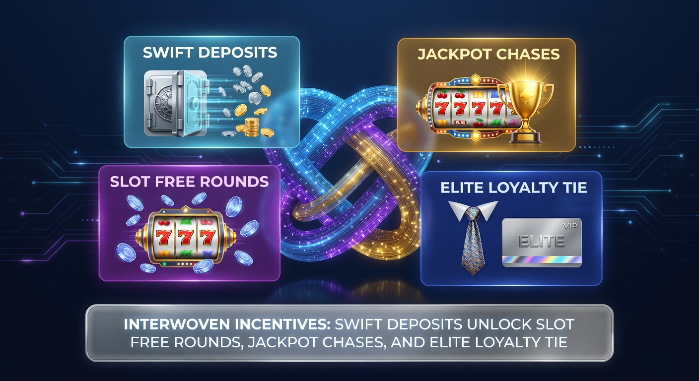 Vibrant graphic depicting jackpot meters filling rapidly beside instant deposit icons, intertwined with free spin bursts and VIP crown symbols in a high-stakes slot environment