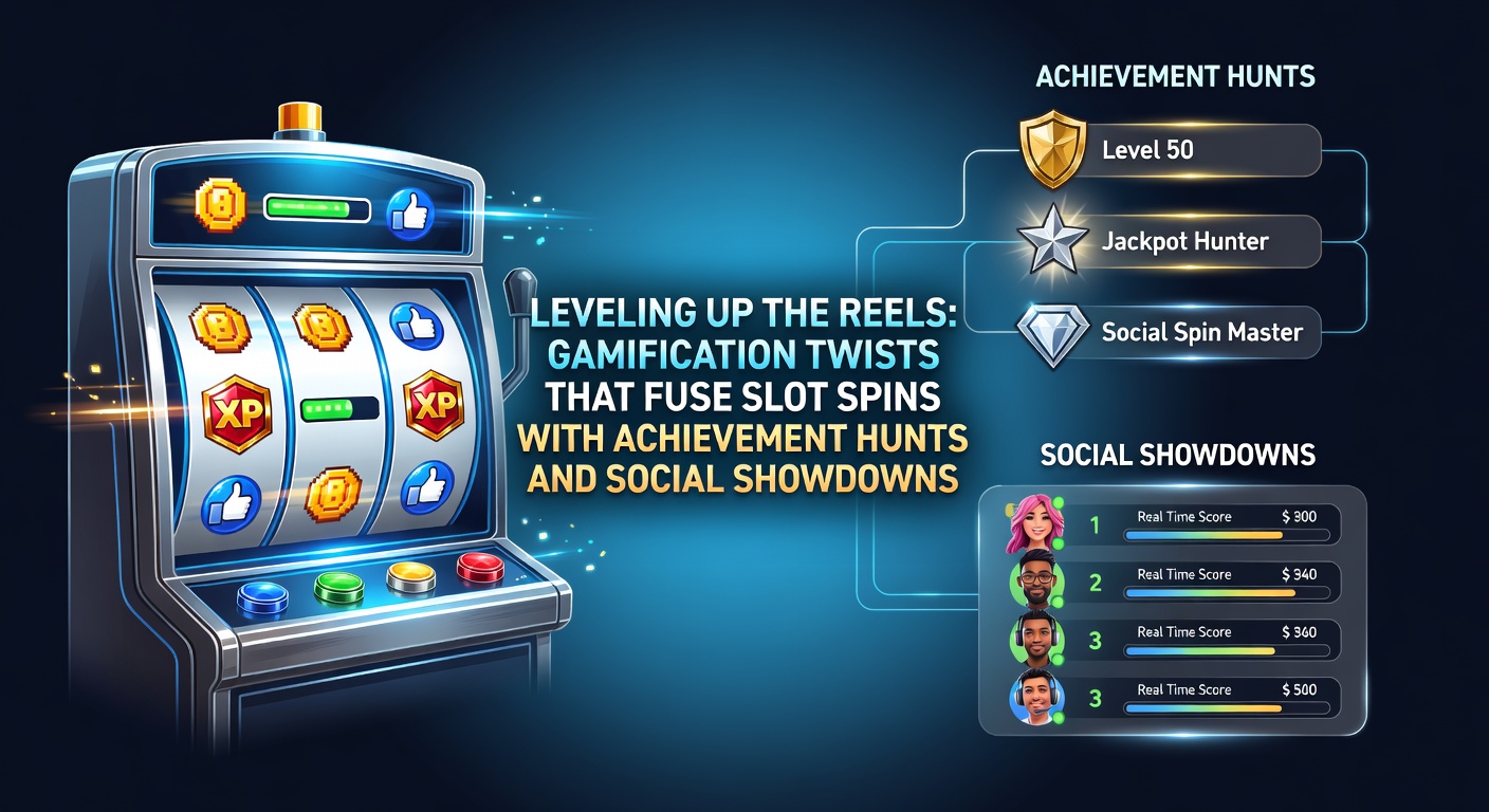 Vibrant slot game screen displaying player levels, achievement badges, and a competitive leaderboard with rival avatars engaged in a showdown