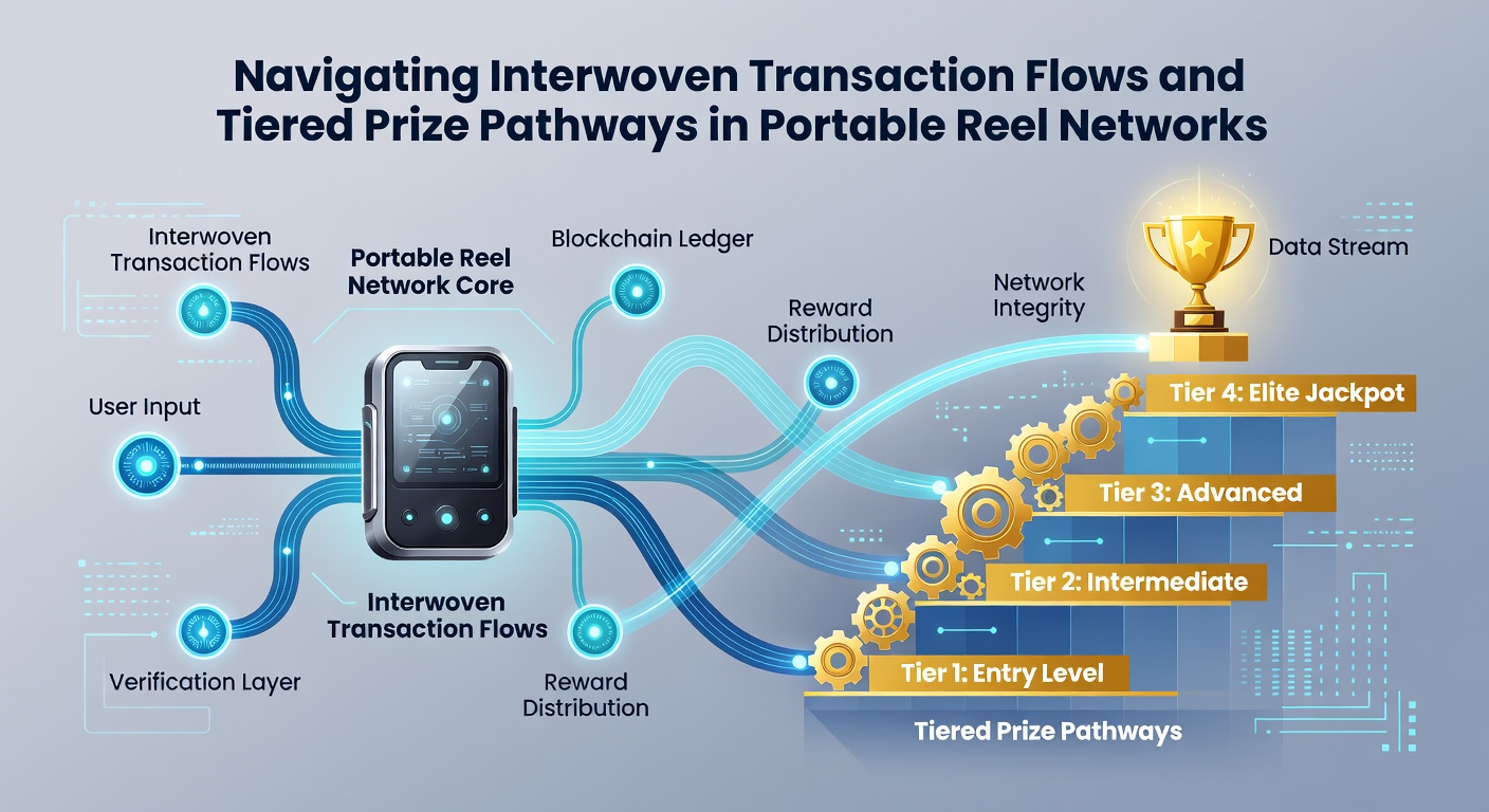 Infographic showing layered transaction routes merging with ascending prize tier ladders on mobile reel platforms