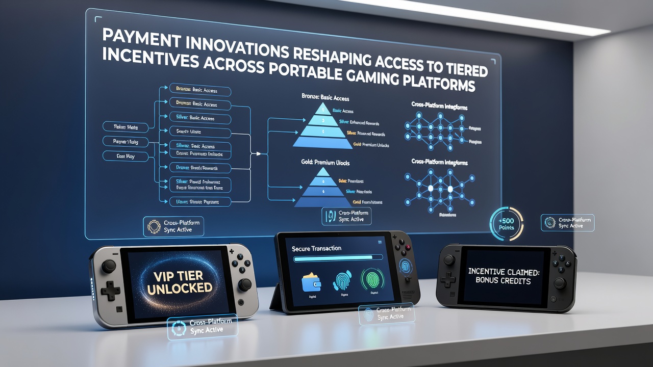 Close-up of a portable gaming screen showing layered incentive tiers and payment confirmation notifications