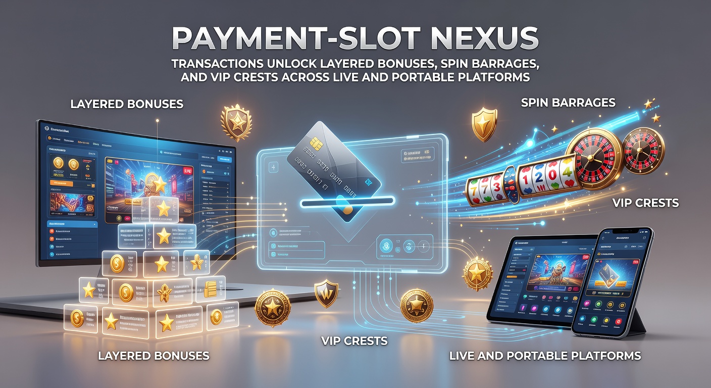 Digital graphic showing a payment transaction exploding into layered slot bonuses, free spins, and VIP icons across mobile and live casino screens