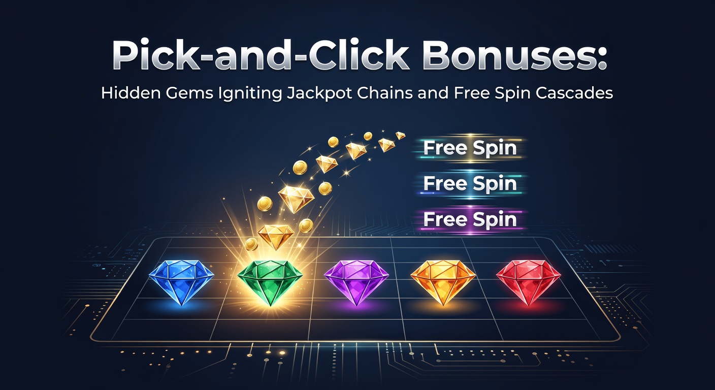Vibrant slot screen displaying a pick-and-click bonus interface with hidden treasure chests and glowing symbols ready for player selection