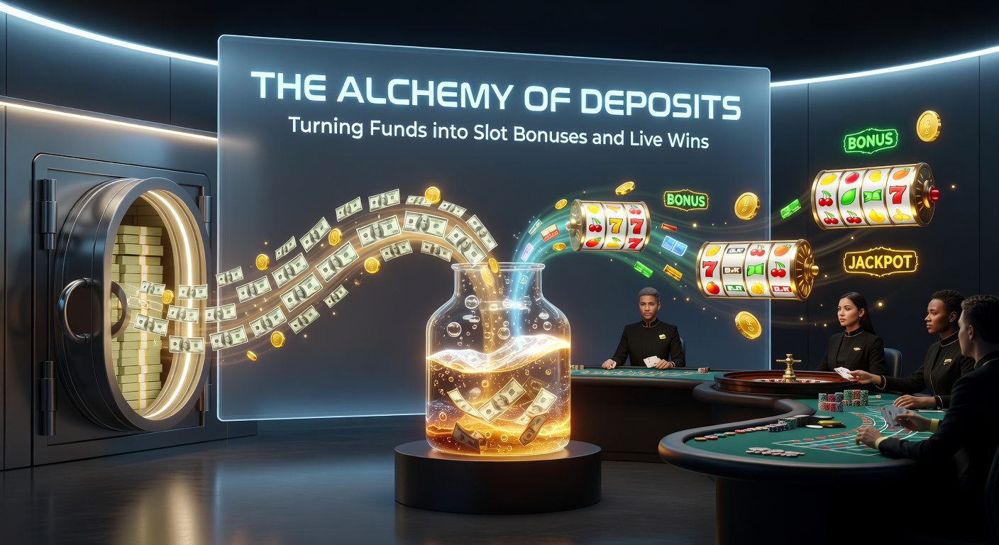Dynamic scene of a live dealer table with glowing deposit icons raining bonuses onto blackjack and roulette wheels