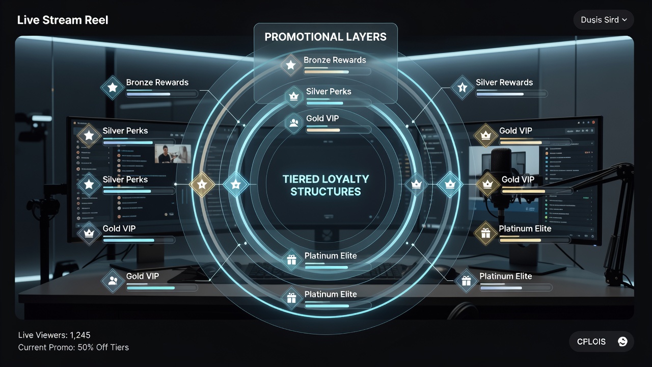 Split view of mobile and desktop interfaces displaying tier-specific bonuses during live reel streams
