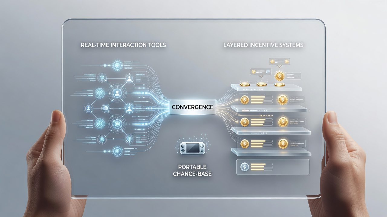 Diagram showing integration between live interaction streams and multi-level incentive pathways on portable devices
