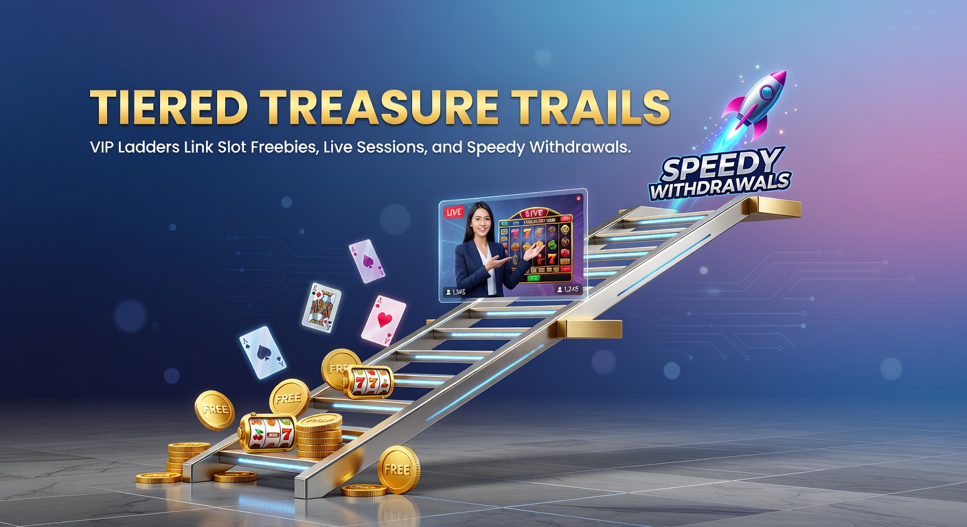Vibrant illustration of a multi-tiered ladder leading to treasure chests overflowing with slot coins, free spin icons, and lightning-fast cash symbols in a casino-themed adventure