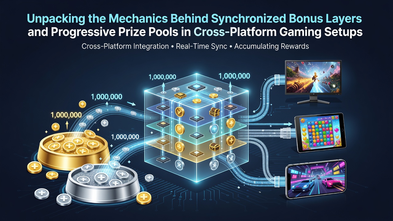Cross-platform gaming interface showing synchronized bonus indicators and progressive jackpot meters on mobile and desktop screens